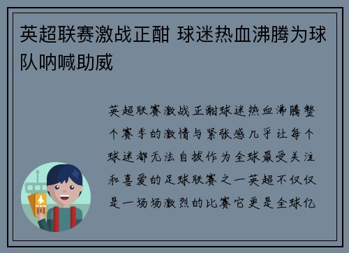 英超联赛激战正酣 球迷热血沸腾为球队呐喊助威