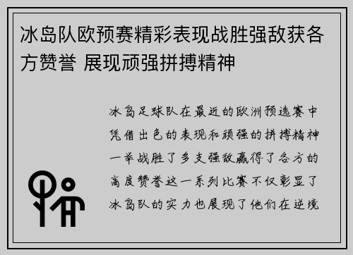 冰岛队欧预赛精彩表现战胜强敌获各方赞誉 展现顽强拼搏精神