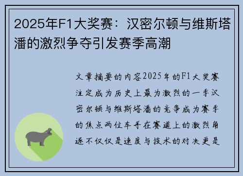 2025年F1大奖赛：汉密尔顿与维斯塔潘的激烈争夺引发赛季高潮