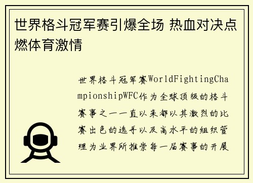 世界格斗冠军赛引爆全场 热血对决点燃体育激情