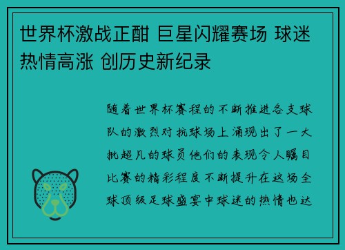 世界杯激战正酣 巨星闪耀赛场 球迷热情高涨 创历史新纪录