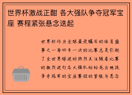 世界杯激战正酣 各大强队争夺冠军宝座 赛程紧张悬念迭起
