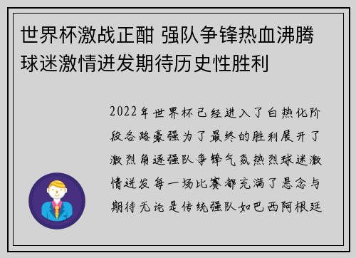 世界杯激战正酣 强队争锋热血沸腾 球迷激情迸发期待历史性胜利
